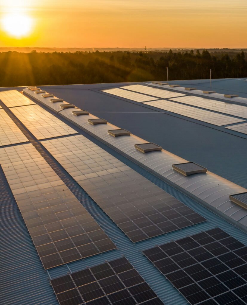 Placas solares en el tejado de una nave industrial